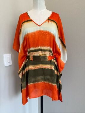 Michael Kors Orange and Olive V-Neck Belted Tunic